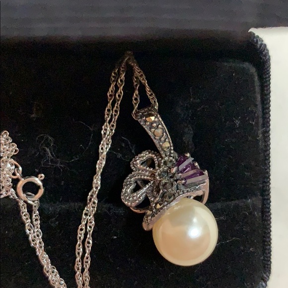 Pearl, amethyst, ad silver necklace - Picture 2 of 2
